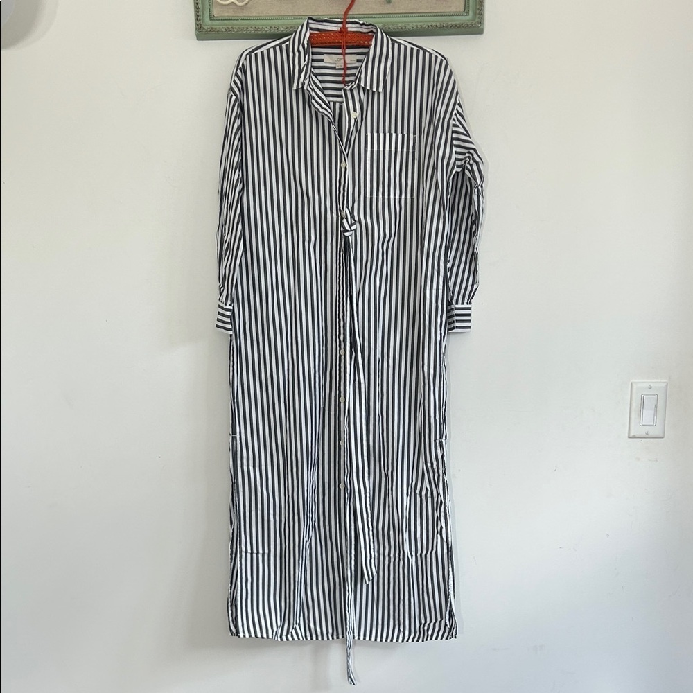 LOFT charcoal grey White Striped Long Sleeve Shirt Dress w/belt small p women’s